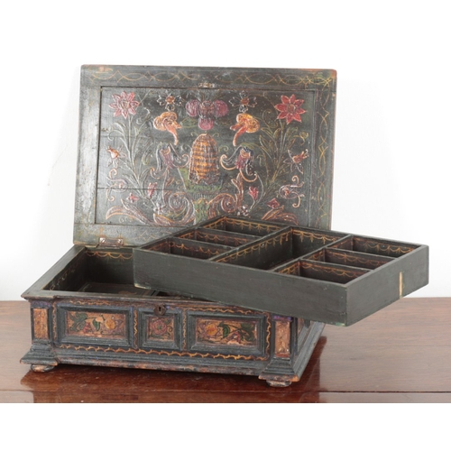 653 - A SCANDINAVIAN PAINTED WOOD WORK BOX

19th century, of panelled rectangular form, painted throughout... 