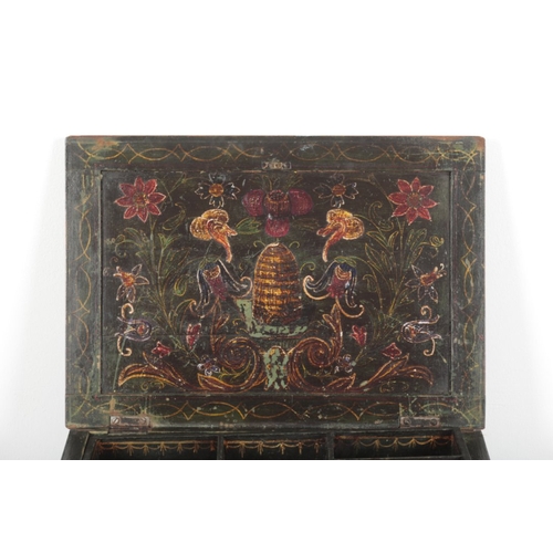 653 - A SCANDINAVIAN PAINTED WOOD WORK BOX

19th century, of panelled rectangular form, painted throughout... 