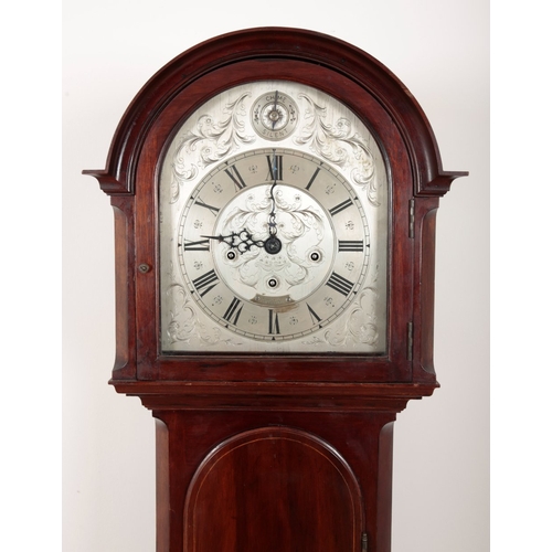 656 - A MAHOGANY 'GRANDMOTHER' CLOCK RETAILED BY HARRODS

20th century, the three train movement striking ... 