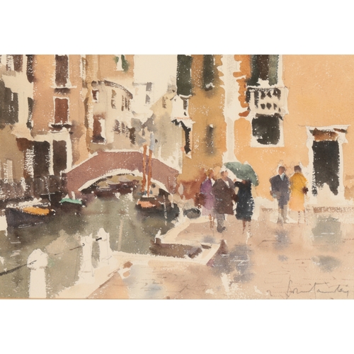 669 - *JOHN YARDLEY (b. 1933) 'A Chat in the Rain'

Venetian scene with figures, signed lower right, water... 