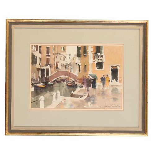 669 - *JOHN YARDLEY (b. 1933) 'A Chat in the Rain'

Venetian scene with figures, signed lower right, water... 