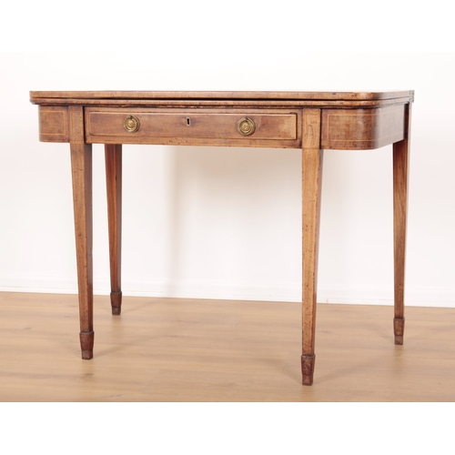 850 - A GEORGE III MAHOGANY AND SATINWOOD CROSSBANDED TEA TABLE

with a hinged d-shaped top over a single ... 