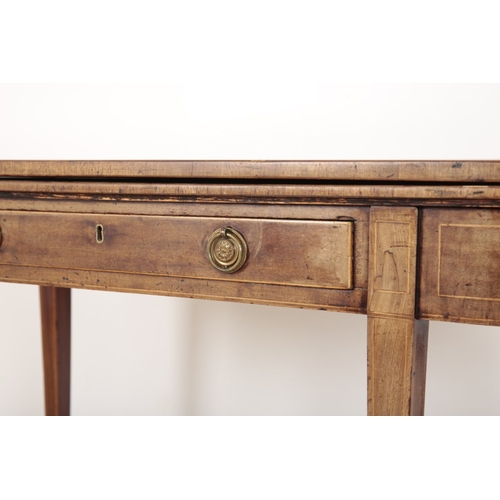 850 - A GEORGE III MAHOGANY AND SATINWOOD CROSSBANDED TEA TABLE

with a hinged d-shaped top over a single ... 