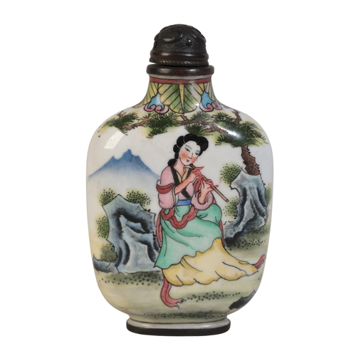 110 - A CHINESE ENAMEL SNUFF BOTTLE

of flattened ovoid form, enamelled in polychrome with female musician... 