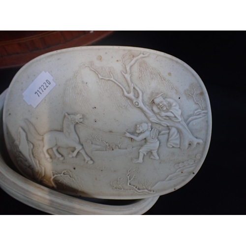 102 - A BISQUE PORCELAIN OVAL BOX Far Eastern subject, an onyx box made from the Stock Exchange building d... 