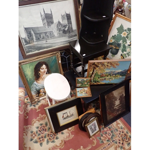 108 - A COLLECTION OF SUNDRIES mirrors, prints, small furniture, a pink Chinese rug, linens etc