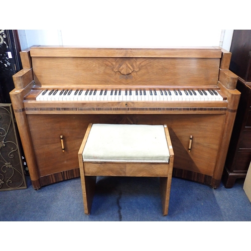 124 - STECK: AN UPRIGHT PIANO IN AN ART DECO WALNUT AND CROSSBANDED CASE with stepped sides and concave fo... 