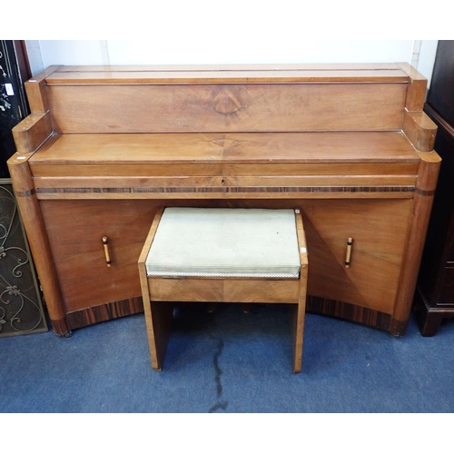 124 - STECK: AN UPRIGHT PIANO IN AN ART DECO WALNUT AND CROSSBANDED CASE with stepped sides and concave fo... 