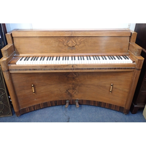 124 - STECK: AN UPRIGHT PIANO IN AN ART DECO WALNUT AND CROSSBANDED CASE with stepped sides and concave fo... 