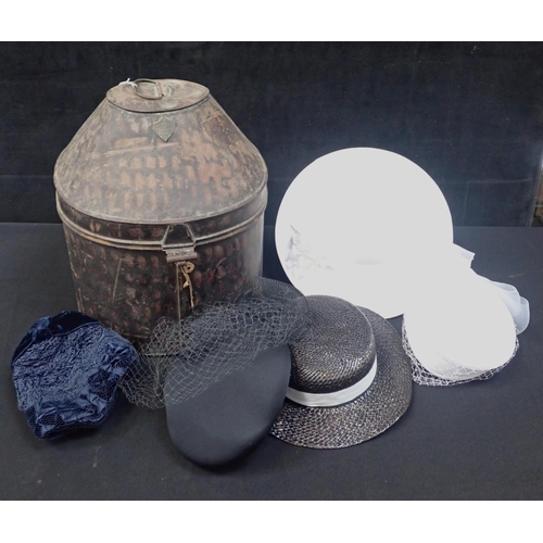 152 - A 19TH CENTURY TOLEWARE HAT BOX, HAWKES & Co PICCADILLY containing various ladies hats