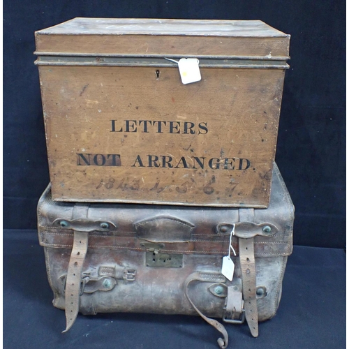 157 - A 19TH CENTURY GRAINED TIN BOX; 'LETTERS NOT ARRANGED' '1843, 4, 5, 6, 7' 43cm wide, and a leather p... 