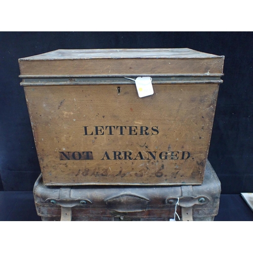 157 - A 19TH CENTURY GRAINED TIN BOX; 'LETTERS NOT ARRANGED' '1843, 4, 5, 6, 7' 43cm wide, and a leather p... 