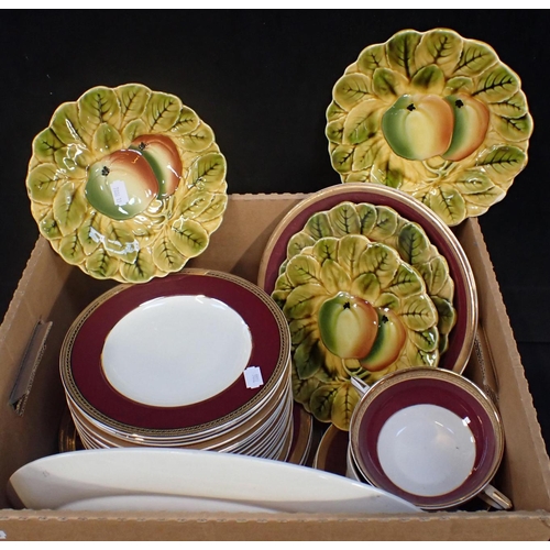 163 - A CROWN DUCAL PART DINNER SERVICE with four French Sarreguemines majolica plates