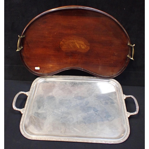 168 - AN EDWARDIAN MAHOGANY KIDNEY-SHAPED TRAY with marquetry shell, and a silver-plated tray (2)