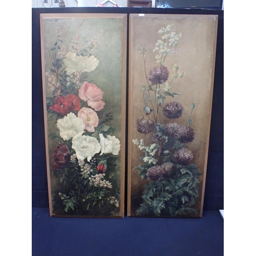 18 - A PAIR OF VICTORIAN PAINTED WOODEN PANELS decorated with poppies and other flowers, each 102cm x 40c... 