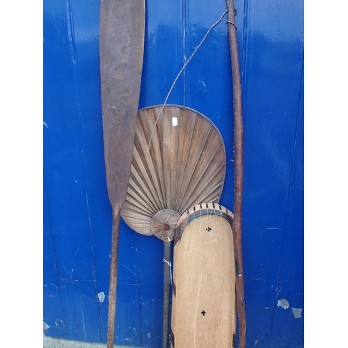 180 - A WOODEN TRIBAL SPEAR and other tribal items (4)