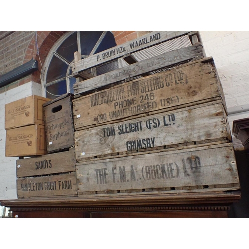 185 - A COLLECTION OF VINTAGE WOODEN PACKING CRATES Fish boxes, a Schweppes crate, etc, two with wire mesh... 