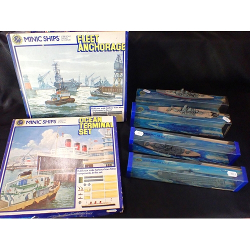 199 - MINIC: A BOXED 'FLEET ANCHORAGE' SET, 'OCEAN TERMINAL' SET boxed, and four 1:1200 scale Minic battle... 