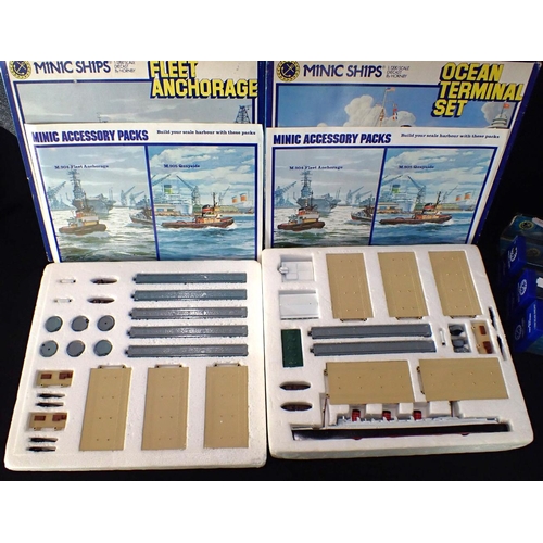 199 - MINIC: A BOXED 'FLEET ANCHORAGE' SET, 'OCEAN TERMINAL' SET boxed, and four 1:1200 scale Minic battle... 