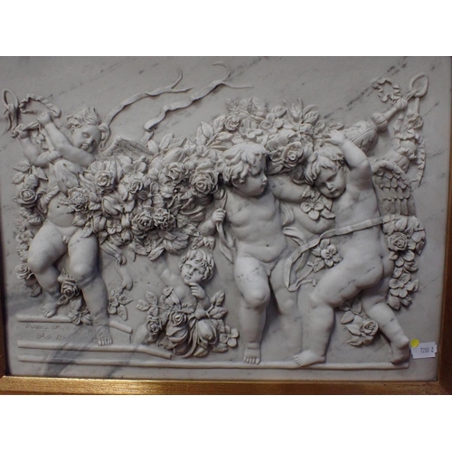 22 - AN ITALIAN STYLE WALL PLAQUE, GILT FRAME putto amongst flowers, cast marble resin 57 x 67cm