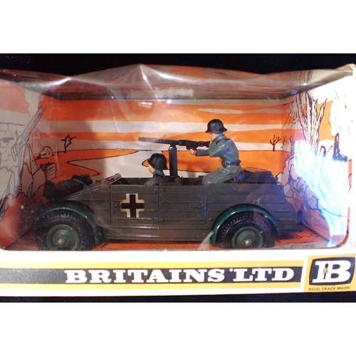 221 - BRITAINS: GERMAN SCOUT CAR No.9783 boxed, a Corgi Sdkfz Rocket Launcher (box def.), a Britains field... 