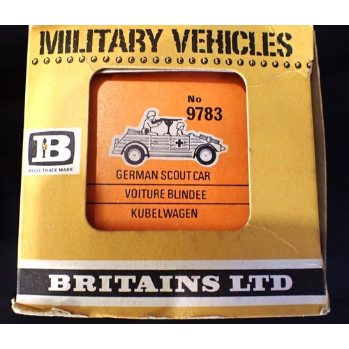 221 - BRITAINS: GERMAN SCOUT CAR No.9783 boxed, a Corgi Sdkfz Rocket Launcher (box def.), a Britains field... 