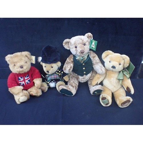 223 - FOUR HARROD'S TEDDY BEARS, WITH LABELS including a Merrythought bear, and 'Rodney Bear'