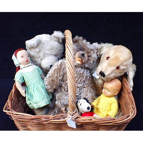 224 - A SMALL HERMANN TEDDY BEAR 20cm high, another larger (no label) 38cm, a Deans Rag Book Co Dog pyjama... 