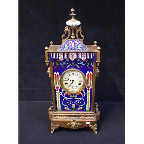 230 - A CHINESE BRASS AND CLOISONNE CASED CLOCK striking on a bell 68cm high