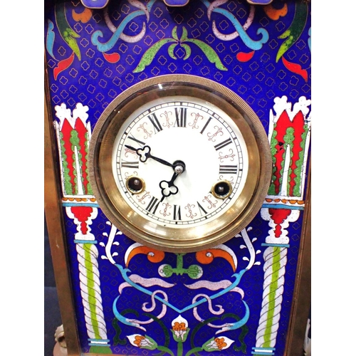 230 - A CHINESE BRASS AND CLOISONNE CASED CLOCK striking on a bell 68cm high