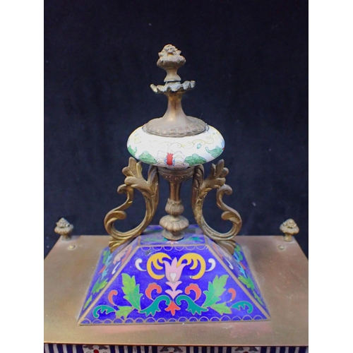 230 - A CHINESE BRASS AND CLOISONNE CASED CLOCK striking on a bell 68cm high