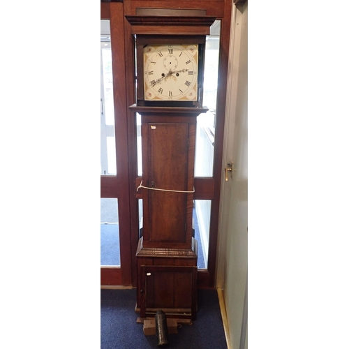 231 - A 19TH CENTURY OAK EIGHT-DAY LONGCASE CLOCK with painted dial (hood door a/f)