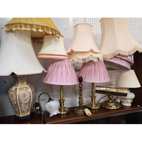 246 - A PAIR OF BRASSED TABLE LAMPS WITH PINK SHADES other lamps and lampshades (some still in packaging)