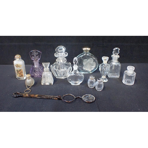 270 - AN ART DECO AMETHYST GLASS SCENT BOTTLE with engraved decoration, with a collection of Victorian and... 