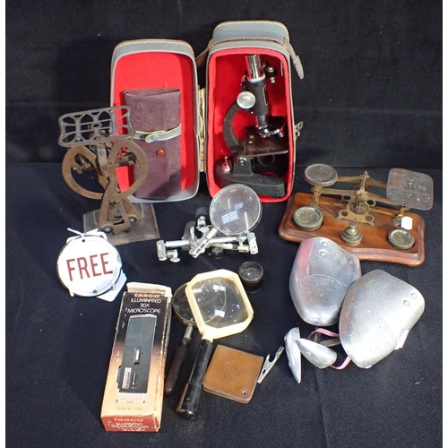 277 - A SMALL CIRCULAR ENAMEL SIGN; 'FREE' 7.5cm dia (chipped), two sets of postal scales, a student's mic... 