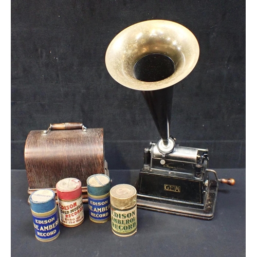 285 - AN EDISON GEM PHONOGRAPH, WITH JAPANNED AND BRASS HORN and a few cylinders (runs but needs attention... 