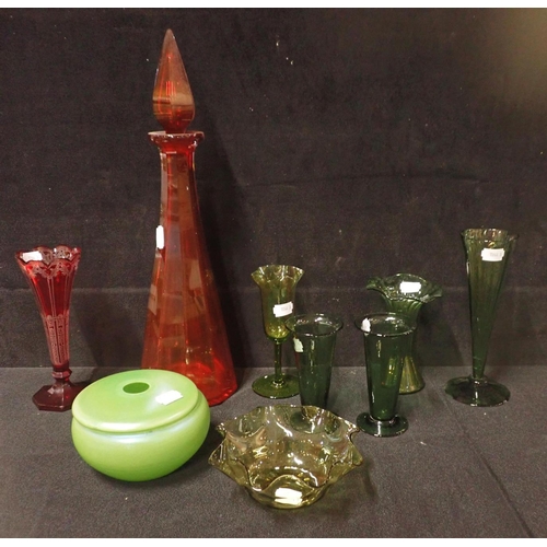 294 - A COLLECTION OF GREEN AND RED GLASS table glass with a covered bowl and a decanter