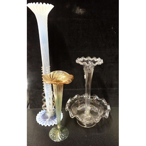 296 - A VASELINE GLASS TRUMPET VASE late Victorian, 47cm, with a smaller similar with lustred finish and a... 