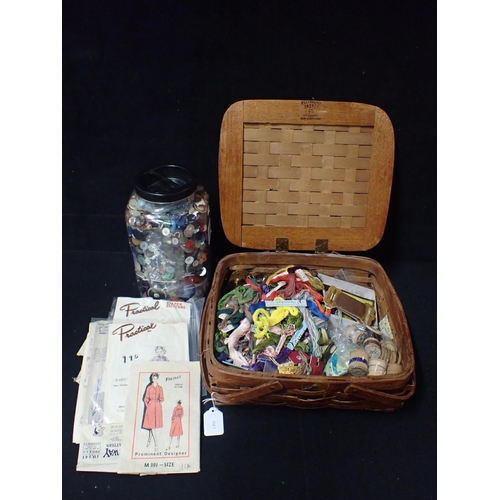 35 - A 'PETERBORO BASKET Co, NEW HAMPSHIRE' WOVEN WOOD BASKET containing sewing requisites, and a large j... 