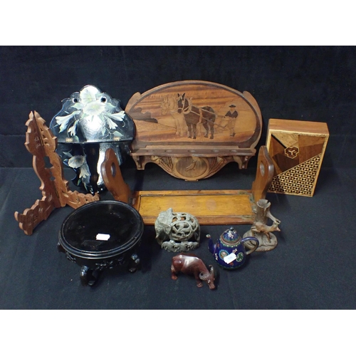 37 - A QUANTITY OF WOODEN SUNDRIES including a lacquered shelf and and a Chinese wooden stand