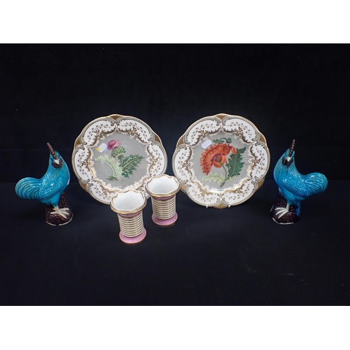 38 - A PAIR OF ROCKINGHAM WORKS DESSERT PLATES painted with thistles and poppies (both damaged), a pair o... 