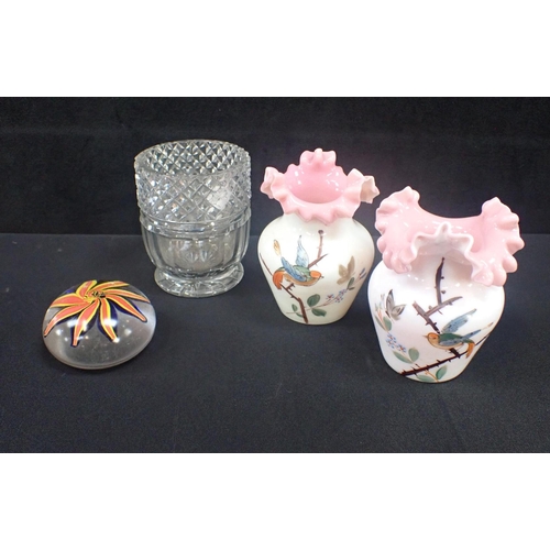 47 - A PAIR OF VICTORIAN OPALINE GLASS VASES with pink frilled rims, and painted decoration, a caddy mixi... 