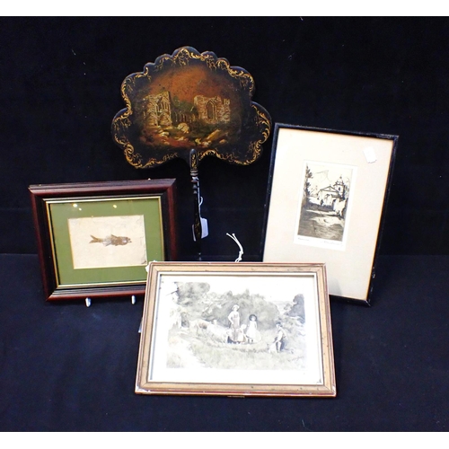 49 - A VICTORIAN PAPIER MACHE FACE SCREEN a framed fossil 'Dapalis Macrurus', and two prints (4)