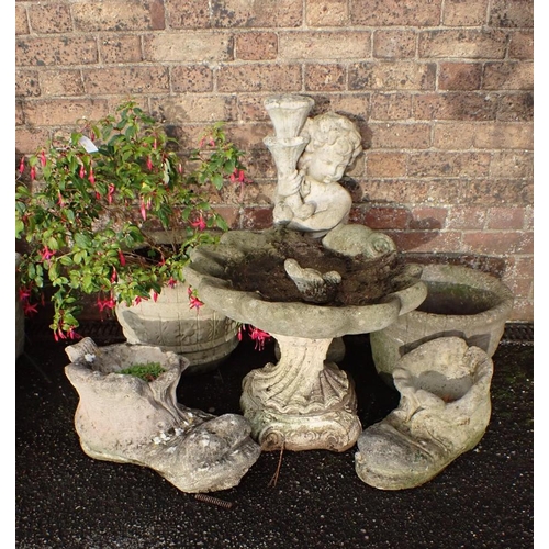 5 - A BIRDBATH, OF SHELL FORM and various reconstituted garden ornaments and planters (figure broken)