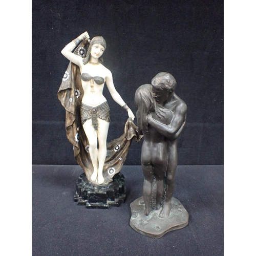 52 - AN ART DECO STYLE FIGURE resin, with another resin sculpture