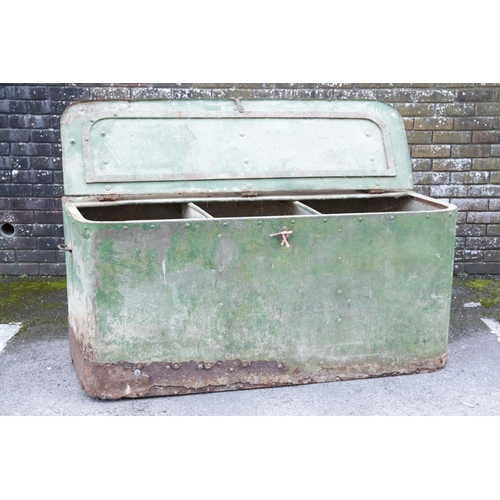 6 - A LARGE GREEN-PAINTED GALVANISED METAL CHEST the hinged lid opening to three partitioned compartment... 