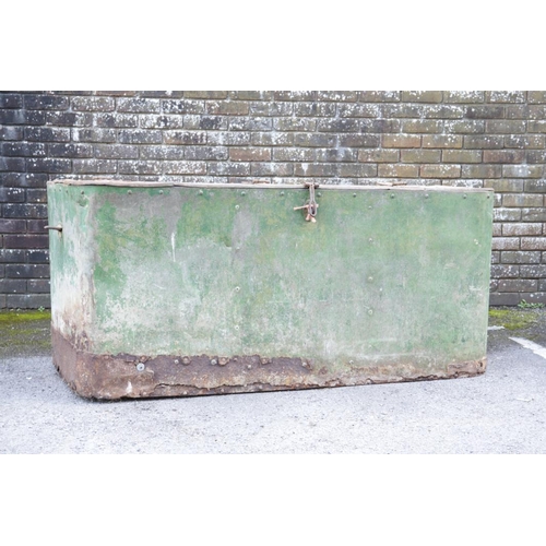 6 - A LARGE GREEN-PAINTED GALVANISED METAL CHEST the hinged lid opening to three partitioned compartment... 