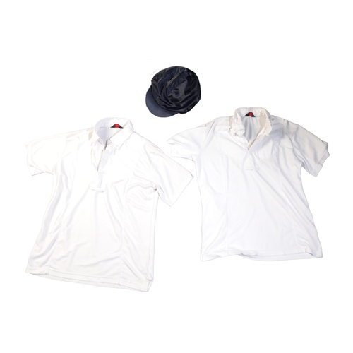 63 - SHIRES EQUESTRIAN PRODUCTS: TWO SHORT SLEEVED WHITE HUNTING SHIRTS sizes medium and large; and a nav... 