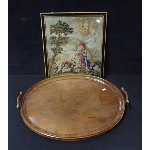 66 - A VICTORIAN WOOL WORK, ABRAHAM AND HIS SON, ISAAC 45 x 51cm, and an oval mahogany tray (2)