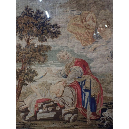 66 - A VICTORIAN WOOL WORK, ABRAHAM AND HIS SON, ISAAC 45 x 51cm, and an oval mahogany tray (2)